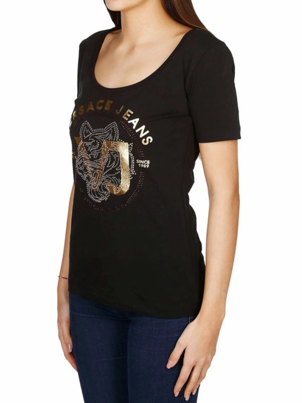 Versace Black Scoop Neck Logo Tank with Gold Foil and Stud Detail